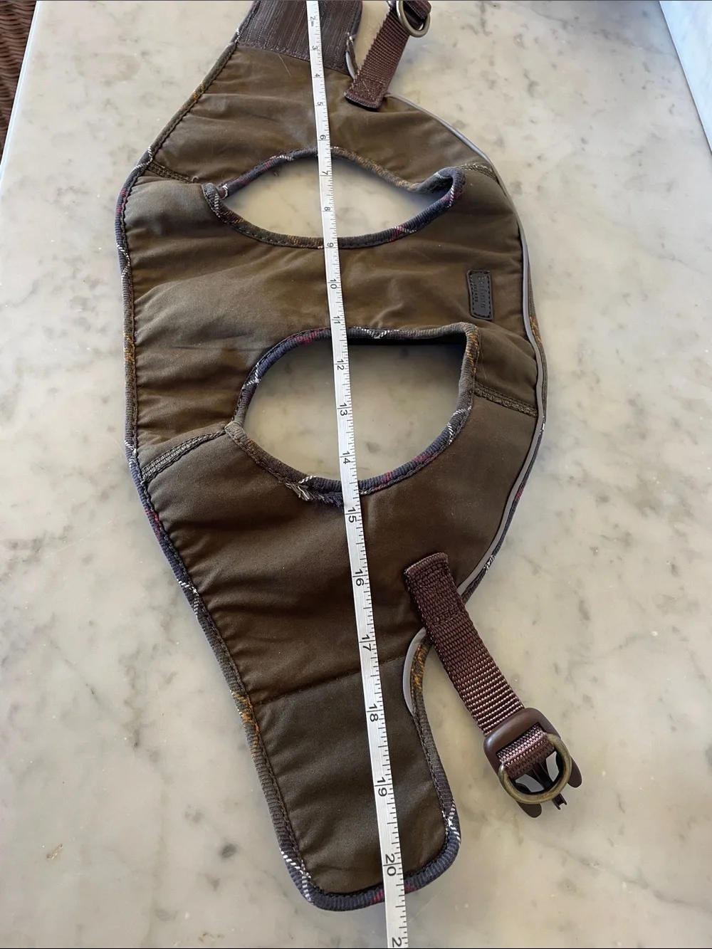 BARBOUR England Olive and Brown Dog Wax Step In Harness with Plaid Trim Large